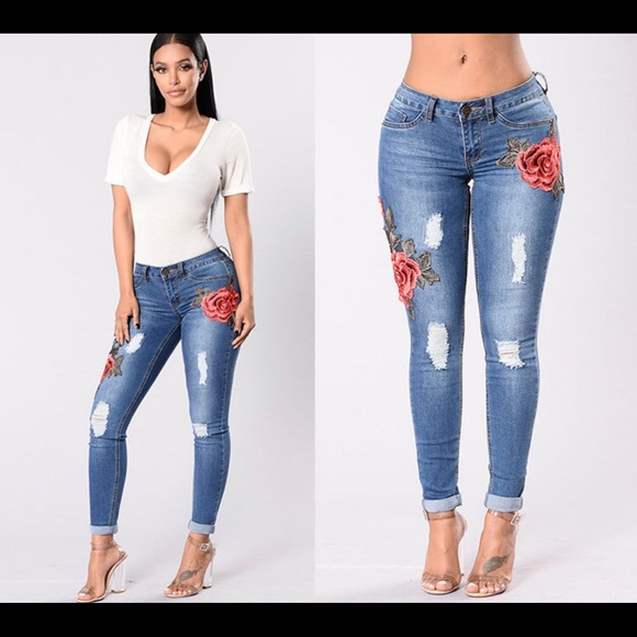 Embroidery jeans stretch jeans pants - Picture 7 of 8